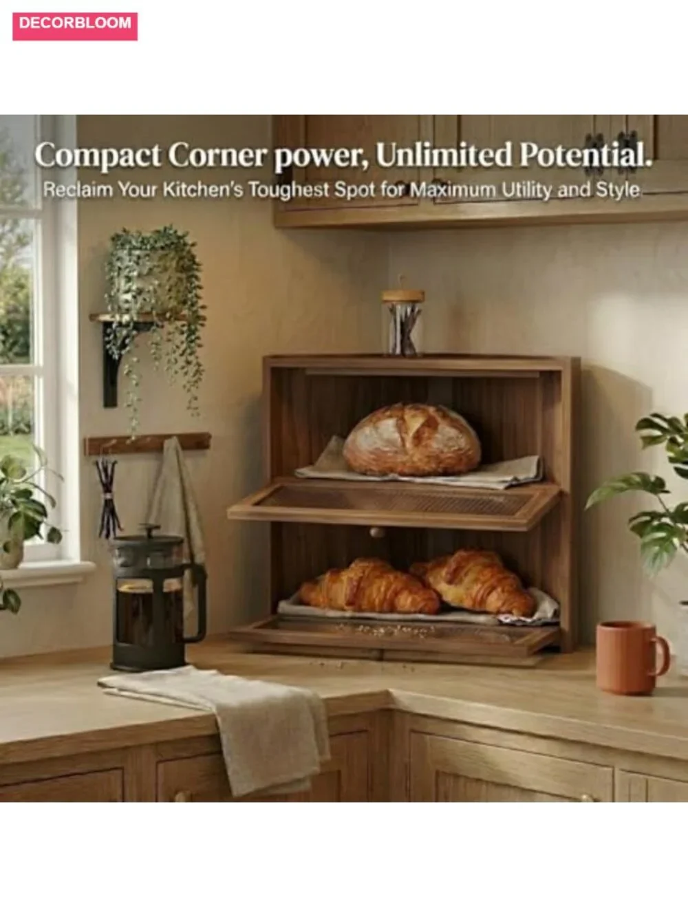 2 Tier Bamboo Bread Box for Kitchen Countertop, Large Capacity Corner Storage